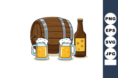 Beer barrel with frothy beer mugs and bottle vector illustra Product Image 1