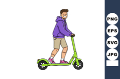 Young man riding green electric scooter wearing purple hoodi Product Image 1