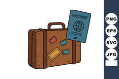 Brown suitcase with travel stickers and passport illustratio Product Image 1