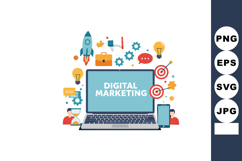 Digital marketing concept with laptop, rocket, targets, ligh Product Image 1