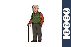 Elderly man with cane wearing green vest and glasses standin Product Image 1