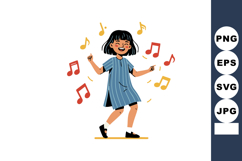 Girl dancing happily in striped blue dress surrounded by col Product Image 1