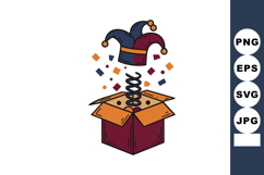 Joker hat popping out of surprise box with confetti and fest Product Image 1