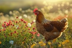 Beautiful brown hen standing in a field of flowers at sunset Product Image 1