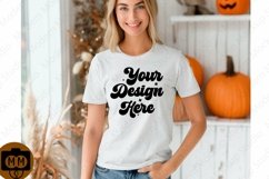 Bella Canvas 3001 Fall Woman Mockup,Fall white TShirt Mockup Product Image 1