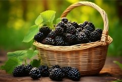 Fresh blackberries in a wicker basket outdoors Product Image 1