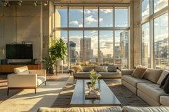 Modern urban loft living room with city view at sunset Product Image 1