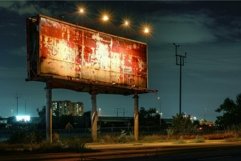 Large blank rusty billboard standing by road at night Product Image 1