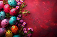 Colorful Easter eggs on textured dark red background Product Image 1