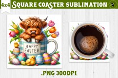 Easter Square Coaster | Easter Highland Cow in mug Product Image 1