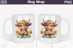 Easter Highland Cow Mug Wrap PNG | Spring Floral Sublimation Product Image 1