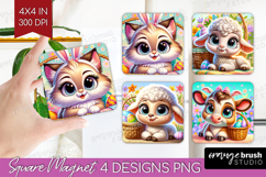 Easter Animals Magnet Sublimation - Cute Easter Square PNG Product Image 1