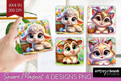Easter Animals Magnet Sublimation - Cute Easter Square PNG Product Image 1