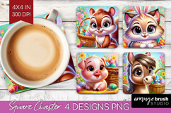 Easter Animals Square Coaster - Cute Easter Coaster PNG Product Image 1