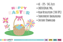 Pastel Easter basket with colorful eggs and spring flowers for party decor