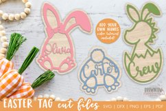 Easter Basket tags shown cut out of wood with pink blue and green outline overlay