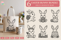 Easter Bunny SVG Bundle 6 Cute Designs: Adorable Rabbits Holding Carrot, Basket of Eggs, Big Bow, Flower Crown, Jumping Bunny with Flowers | SVG PNG DXF EPS AI Files | Cricut Silhouette Cut Files Ready | Easter Crafts for Tote Bags Mugs Shirts | Tasty Cak