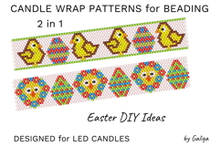 Beaded candle wrap pattern with yellow chicks in flower crowns and painted Easter eggs, made in peyote stitch
