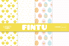 Cute Easter digital papers with yellow chicks and pastel eggs in soft spring colors.