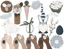 Farmhouse Easter set, painted eggs in a wicker basket, hot cocoa in a tall glass with a straw and Easter eggs on top, carrots, blue flower buds, an Easter gnome in a blue striped hat. Willow branch. White Rabbit. Easter eggs in female hands.
