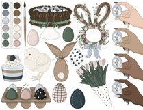 Palette of pastel watercolors with a brush. Stand with painted Easter eggs. Easter egg in a woman&#039;s hand. Bouquet of tulips with green foliage in paper with patterned hearts. Wicker twisted Easter wreath in the shape of a rabbit&#039;s head