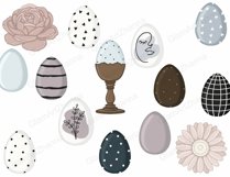 Spring pastel set of Easter eggs painted with stripes, hearts, polka dot pattern, radial check pattern. Buds of pastel pink flowers. A blue egg with a blue polka dot pattern in a wooden egg stand. Easter egg with a pattern of willow branches.