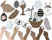 Spring set of Easter elements. The brown rabbit is sitting on the ground. Painted Easter eggs in a large wicker basket. A bucket of Easter eggs in the shape of a rabbit. Women&#039;s hands paint Easter eggs. Goose feather gray and brown. Easter bunny garland.