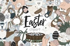 White easter bunny, easter gnome with bunny ears and beard, female hands paint easter eggs. Chicken, woven Easter wreath in the shape of a hare, decorated with flowers. Easter bunny garland. Bunny-shaped bucket filled with Easter eggs