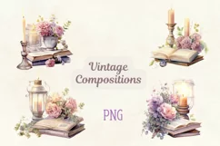 Vintage Boho Composition Flowers. Candles, Books, PNG Product Image 1
