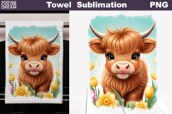 Easter Highland Cow Kitchen Towel | Spring Towel Sublimation Product Image 1