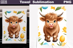 Easter Highland Cow Kitchen Towel | Spring Towel Sublimation Product Image 1