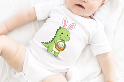 Hand-drawn dinosaur bunny clipart featuring a smiling green dino with bunny ears and an Easter egg basket. Soft pastel colors and clean lines make this PNG perfect for Easter projects.