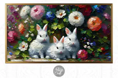 Easter Frame TV art shows an impressionist painting of three cute little bunnies a garden where there are a lot of flowers. 