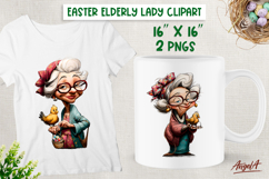 Happy Elderly lady with chicken celebrating Easter clipart Product Image 1