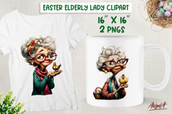 Happy Elderly lady with chick celebrating Easter clipart Product Image 1