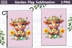 Easter Highland Cow Garden Flag | Pink Floral Sublimation Product Image 1