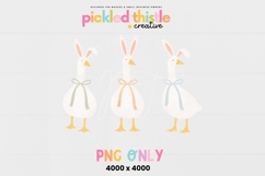 Cute Easter goose digital download showing three white geese with yellow feet, bunny ears, and pastel bows in soft spring tones.