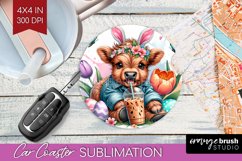Highland Cow Car Coaster - Easter Cow Coaster PNG Product Image 1