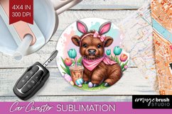 Highland Cow Car Coaster - Easter Cow Coaster PNG Product Image 1