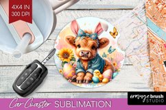 Highland Cow Car Coaster - Easter Cow Coaster PNG Product Image 1