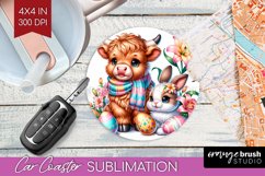 Highland Cow Car Coaster - Easter Cow Coaster PNG Product Image 1