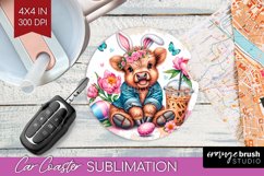 Highland Cow Car Coaster - Easter Cow Coaster PNG Product Image 1