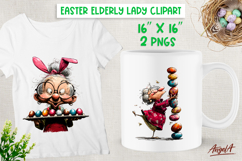 Elderly old lady holding Easter eggs clipart Bunny ears PNG Product Image 1