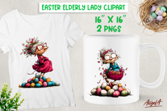 Funny Elderly lady with eggs Easter clipart Grandmother PNG Product Image 1