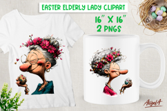 Easter clipart Funny elderly lady with egg Floral Wreath PNG Product Image 1