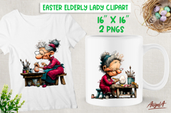 Happy Elderly lady coloring Easter eggs clipart Grandma PNG Product Image 1