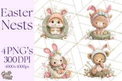 Watercolor Easter Animals Clipart, Cute Animals in Nests Png Product Image 1