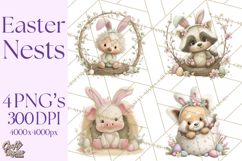 Watercolor Easter Animals Clipart, Cute Animals in Nests Png Product Image 1