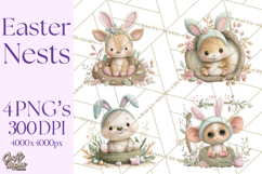 Watercolor Easter Animals Clipart, Cute Animals in Nests Png Product Image 1