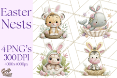Watercolor Easter Animals Clipart, Cute Animals in Nests Png Product Image 1